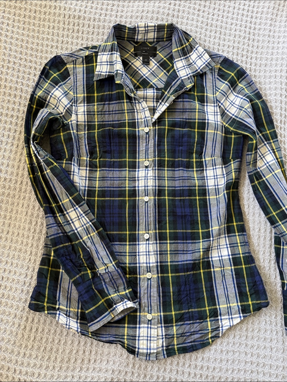 J. Crew Navy, Green & Yellow Plaid Button-Down Shirt “perfect” fit